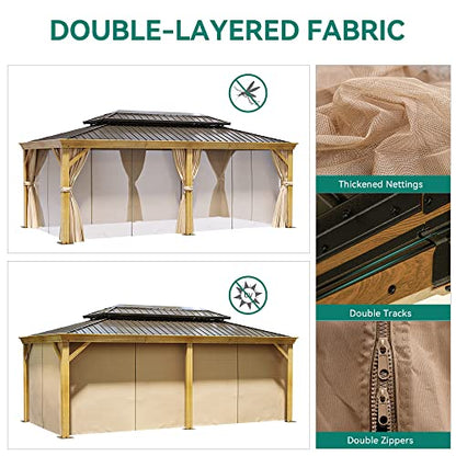 YITAHOME 12x20ft Hardtop Gazebo with Nettings and Curtains, Wood Grain Heavy Duty Double Roof Galvanized Steel Outdoor Combined of Vertical Stripes - WoodArtSupply