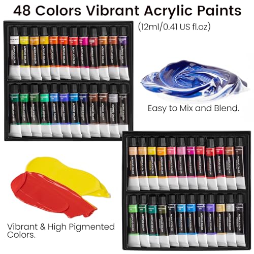 MERRIY 80-Piece Acrylic Paint Set, Artist Painting Supplies Kit with Tabletop Sketch Box Easel, 48 Colors Acrylic Paints,11"x 14"Stretched Canvas - WoodArtSupply