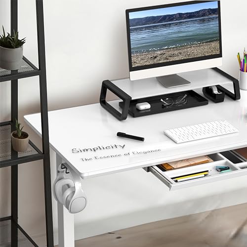 SHW 48-Inch Glass Electric Height Adjustable Desk with Monitor Riser and Drawer, White - WoodArtSupply