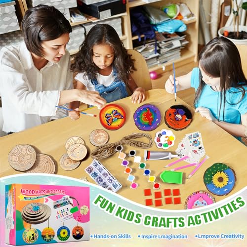 Christmas Wooden Arts and Crafts Kits for Kids Ages 8-12, 24 Wood Slices with Diamond Painting, DIY Creative Art Toys for Girls Boys, Arts&Crafts Activities Gifts for 6 7 8 9 10 11 12 Year Old Girls
