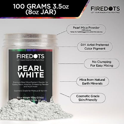 FIREDOTS Pearl White Mica Powder - 100 Grams - Epoxy Resin Color Pigment - Metallic White Mica Powder for Epoxy Resin - White Epoxy Pigment Powder -