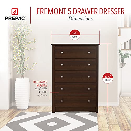 Prepac Fremont Superior 5-Drawer Chest for Bedroom - Spacious and Stylish Chest of Drawers, Measuring 16"D x 31.5"W x 45.25"H, In Espresso Finish Prepac