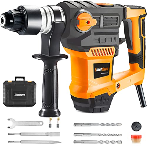 SHIELDPRO 1-1/4 Inch SDS-Plus 13 Amp Rotary Hammer Drill Heavy Duty, Safety Clutch 3 Functions with Vibration Control,Including Grease, Flat Chisels, SHIELDPRO