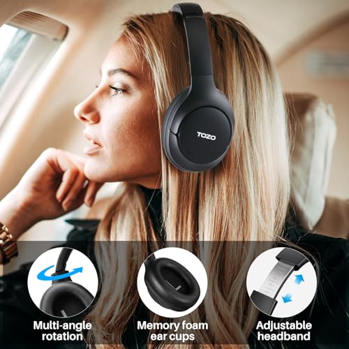 TOZO HT2 Hybrid Active Noise Cancelling Headphones, Wireless Over Ear Bluetooth Headphones, 60H Playtime, Hi-Res Audio Custom EQ via App Deep Bass TOZO