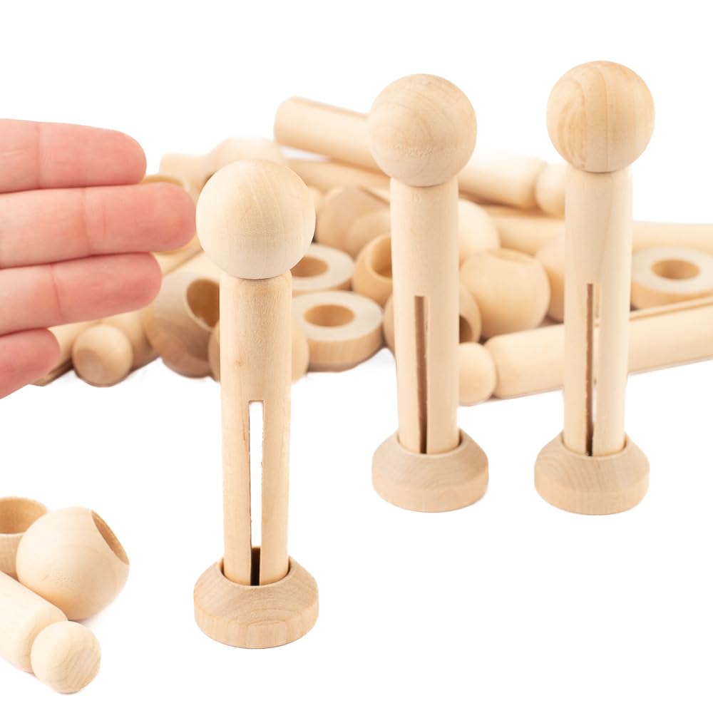 Factory Direct Craft Pack of 12 Unfinished Wood Clothespin Dolls with Head Beads and Stands - DIY Wooden Doll Figures for Crafts and Ornaments - WoodArtSupply