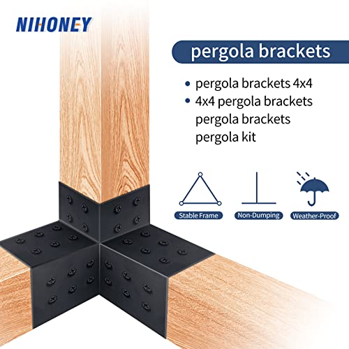 Nihoney Pergola Brackets 4x4, Woodworks Pergola Hardware Kit (4 Pcs), 3-Way Black Right Angle Corner Bracket for Extension Gazebo for 4x4 - WoodArtSupply