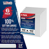 U.S. Art Supply 10 x 10 inch Stretched Canvas 12-Ounce Triple Primed, 6-Pack - Professional Artist Quality White Blank 3/4" Profile, 100% Cotton, U.S. Art Supply