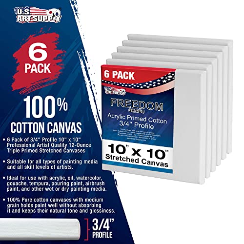 U.S. Art Supply 10 x 10 inch Stretched Canvas 12-Ounce Triple Primed, 6-Pack - Professional Artist Quality White Blank 3/4" Profile, 100% Cotton, - WoodArtSupply