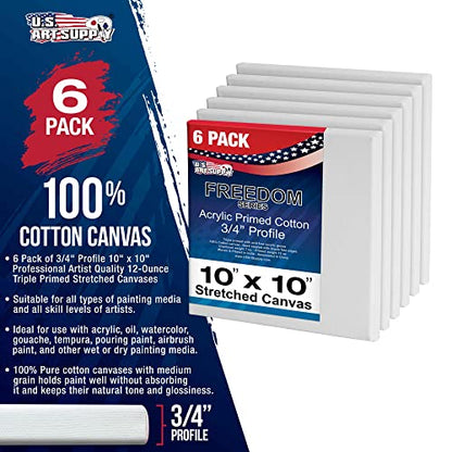 U.S. Art Supply 10 x 10 inch Stretched Canvas 12-Ounce Triple Primed, 6-Pack - Professional Artist Quality White Blank 3/4" Profile, 100% Cotton, - WoodArtSupply