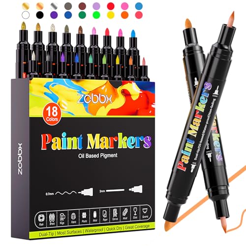 Zobbx 18 Colors Paint Pens Paint Markers, Dual Tip Oil-Based Paint Markers, Permanent, Waterproof, Quick Dry, Works on Metal, Wood, Fabric, Plastic,