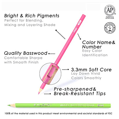 KALOUR 180 Colored Pencil Set for Adults Artists kids- 3.3mm Rich Pigment Soft Core -12 Metallic Pencil - Wax-Based - Ideal for Coloring Drawing KALOUR