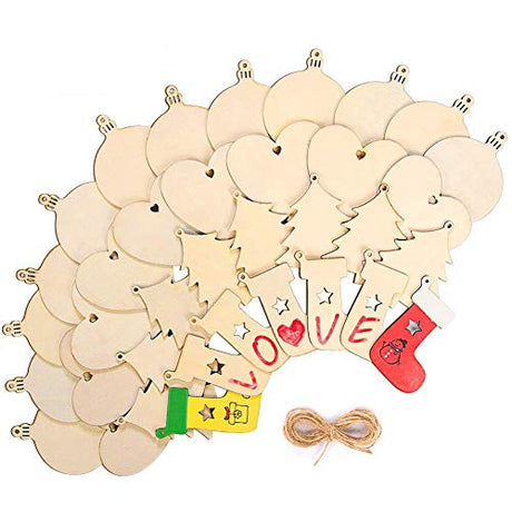 TONAK Unfinished Wood Pieces Wooden Ornaments Christmas Crafts Supplies for Kids Predrilled Blank Hearts Tree Round Wood Slices to Paint DIY TONAK