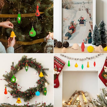 Mathtoxyz 25PCS Wooden Bells and Ball for Christmas Tree Decorations, Natural Unfinished Wood Ornament with Hanging String for Party Decor Arts Craft