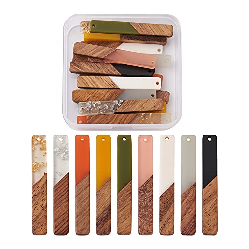 Beadthoven 18pcs/9 Pairs Natural Wood Resin Rectangle Bar Charms Bohemian DIY Earrings Pendants Mixed Colors Vertical Bar Wooden Pieces Pendants for