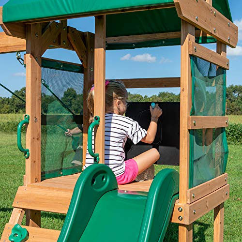 Backyard Discovery Buckley Hill Wooden Swing Set, Made for Small Yards and Younger Children, Two Belt Swings, Covered Mesh Fort with Canopy, Rock Backyard Discovery