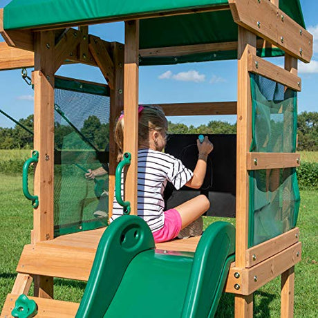 Backyard Discovery Buckley Hill Wooden Swing Set, Made for Small Yards and Younger Children, Two Belt Swings, Covered Mesh Fort with Canopy, Rock Backyard Discovery