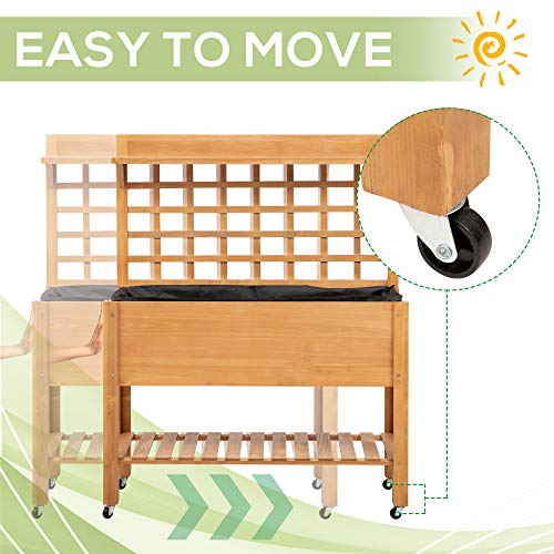 Outsunny 41" Raised Garden Bed with Trellis on Wheels, Wooden Elevated Planter Box with Legs and Bed Liner, for Flowers, Herbs & Vegetables, Brown Outsunny