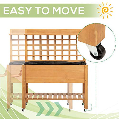 Outsunny 41" Raised Garden Bed with Trellis on Wheels, Wooden Elevated Planter Box with Legs and Bed Liner, for Flowers, Herbs & Vegetables, Brown Outsunny