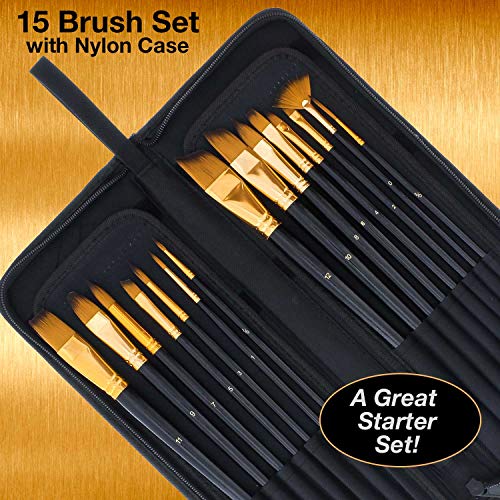 U.S. Art Supply 15 Piece Artist Long Handle Synthetic Paint Brush Set - Multi Functional Watercolor Gouache Oil Acrylic Brush Set in Zippered Nylon U.S. Art Supply