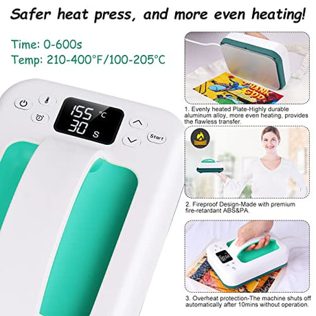Legooin Heat Press Machine for T-Shirts, 7" × 5" Portable Fast Heat-up Mini Easy Press with Timing Function & Insulated Base, Ideal for T-Shirts, Legooin