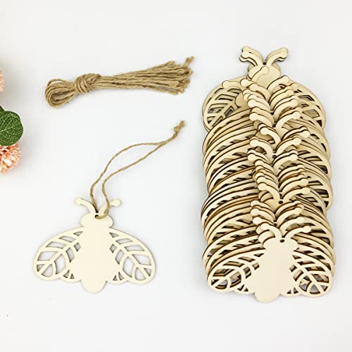 30pcs Bee Wood DIY Crafts Cutouts Blank Wooden Honeybee Shaped Hanging Ornaments with Hole Hemp Ropes Gift Tags for Kid's DIY Projects Spring Summer