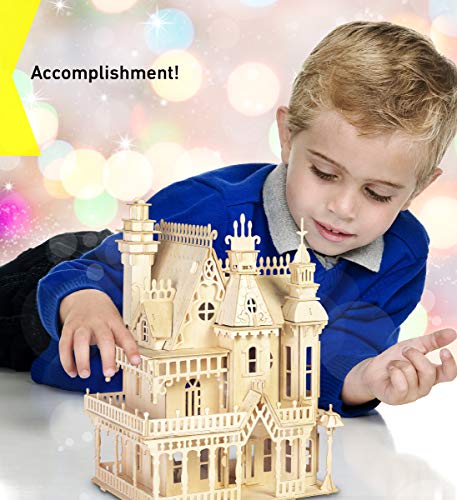 Puzzled 3D Puzzle Fantasy Villa Dollhouse Set Wood Craft Construction Model Kit, Fun Educational DIY Wooden Toy Assemble Unfinished Craft Hobby Puzzled