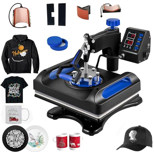 Heat Press Machine 15x15in, Assemble 5 in 1, Fast-Heating, 360 Swing Away, Digital Control Multifunction Sublimation Combo, Blue - WoodArtSupply