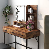 Vanity Table with Lighted Mirror, 3 Drawers Makeup Desk Dressing Table with Lots Storage Vanity Set with Wider Cushioned Stool for Bedroom (Brown) Panana