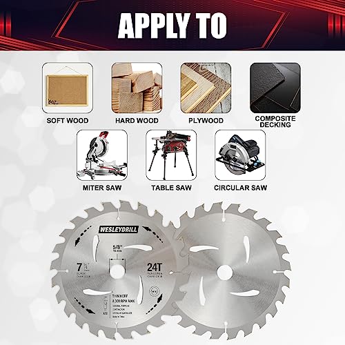 wesleydrill 12 Packs Circular Saw Blade Set, 7-1/4" x 24-Tooth, Carbon Steel, 5/8 Inch Arbor, DIY Cutting for Wood, Laminate, Wood Composites, wesleydrill
