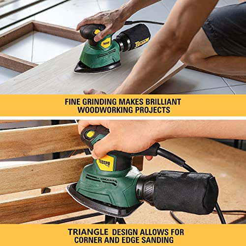 TECCPO Detail Sander, 14,000 OPM Compact Electric Sander with 12Pcs Sandpapers, Efficient Dust Collection System, Multi-Function 1.1Amp Hand Sander TECCPO