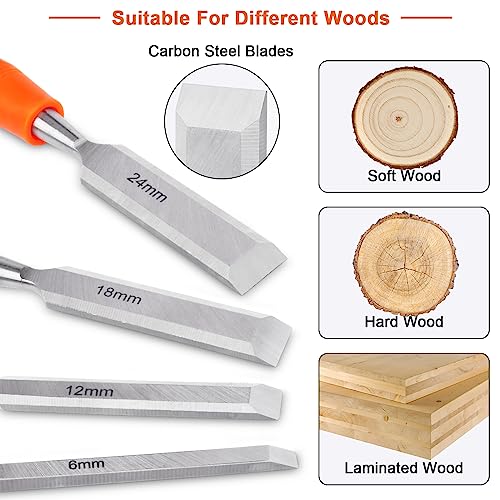4 Piece Wood Chisel Sets Woodworking Tools Set, Wood Chisels for Woodworking with Steel Hammer End, Wood Tools Chisel Set Woodworking with Ergonomic MECHEER