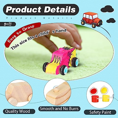 Lenwen 24 Pcs Wood DIY Car Toys for Party Unfinished Wooden Cars, Wooden Toy Cars Wooden Crafts with 12 Color Acrylic Paint for Students Girls Boys Lenwen