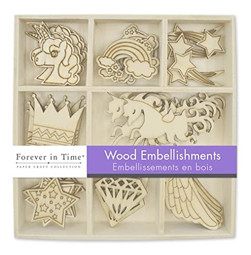 Mini Laser Cuts Wood Shape - Unicorn Princess - Unicorns, Rainbows, Stars, and More - 45 Pieces - 1'' Across Forever in Time