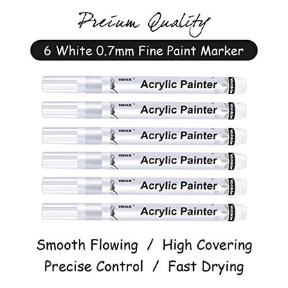 Paint Pens White Marker 6 Pack,0.7mm Acrylic White Permanent Marker,White Paint Pens for Rock Painting Stone Ceramic Glass Wood Plastic Glass Metal - WoodArtSupply