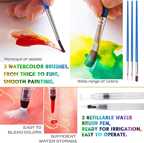 Emooqi Watercolor Paint Set, 48 Colors with 6 Metallic Colors,Hook Line  Pens,Water Brushes and Water Color Papers for Artists and Beginners,Art
