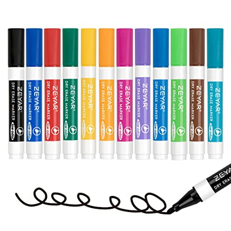 ZEYAR Low Odor Dry Erase Markers, Bullet Tip White Board Markers, Assorted Colors (12 Colors) ZEYAR