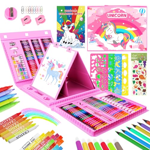 homicozy Art Supplies for Kids,Drawing Kits Unicorn Art Case Coloring Set with Double Sided Trifold Easel,Crayon,Colored Pencil,Marker,Coloring