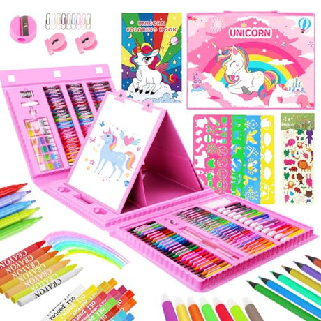 homicozy Art Supplies for Kids,Drawing Kits Unicorn Art Case Coloring Set with Double Sided Trifold Easel,Crayon,Colored Pencil,Marker,Coloring homicozy