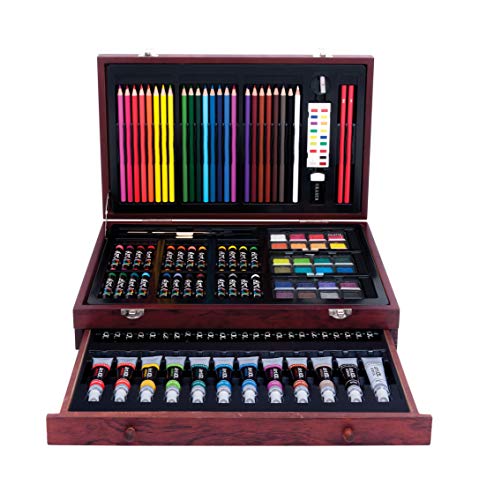 Art 101 USA Deluxe Art Set with 119 Pieces in a Wood Organizer Case, Includes Color Pencils, Paints, brushes and palettes, Learning guides, Portable Art 101 USA