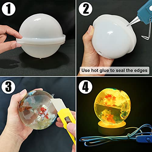 Voaesdk 4 inch Large Sphere Round Light Resin Mold,LED Silicone Resin Mold with 1Pcs USB Powered Wooden Lighted Base Stand for DIY Table Crafts Party Voaesdk