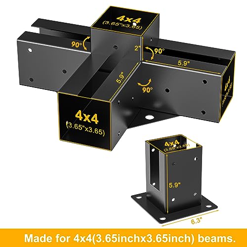 TROPTOLKY 4x4 Pergola Brackets Kit, 4-Way Powder-Coated Woodworks Corner Brackets, 2 Bracket Shoulders & 2 Wood Post Base, 4PCS Woodwork Pergola Kit - WoodArtSupply