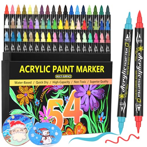 EscriWise 54 Colors Acrylic Paint Pens Paint Markers Set,Dual Tip Paint Markers With Fine Tip and Brush Tip,Premium Paint Pens for Stone,Canvas,Rock
