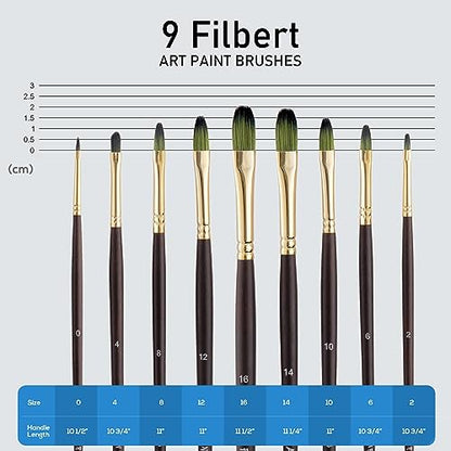 Falling in Art 9 PCS Filbert Brushes Set, Professional Nylon Paint Brushes, Long Handle Artist Brush for Watercolor, Acrylic, and Oil Painting - WoodArtSupply