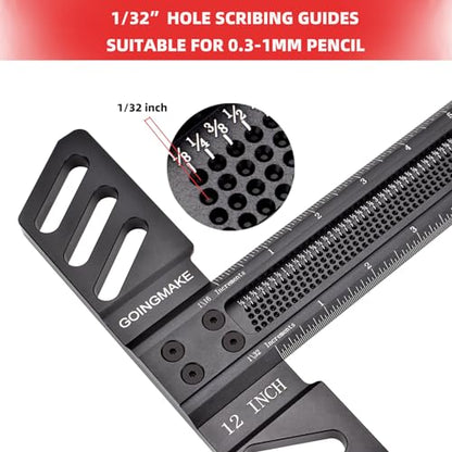 GOINGMAKE Woodworking T-Square 12 Inch Aluminum Alloy T Square Ruler 1/32" Hole Scrbing Guides Positioning Scribe Tool Precision Woodworking Ruler - WoodArtSupply