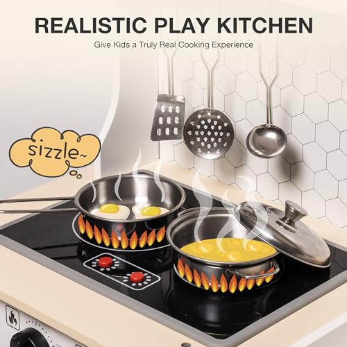 ROBOTIME Wooden Play Kitchen, Kids & Toddlers Kitchen Playset, Kids Play Kitchen Pretend Play Set with Lights & Sounds, Toy Kitchen for Ages 3+