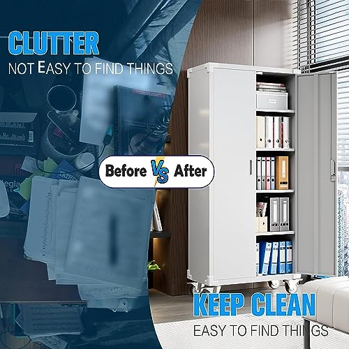 Aobabo Metal Storage Cabinet with Wheels,Heavy Duty Office Storage Cabinet with Lock,Steel Cabinet with 2 Doors and 4 Adjustable Shelves for Office Aobabo