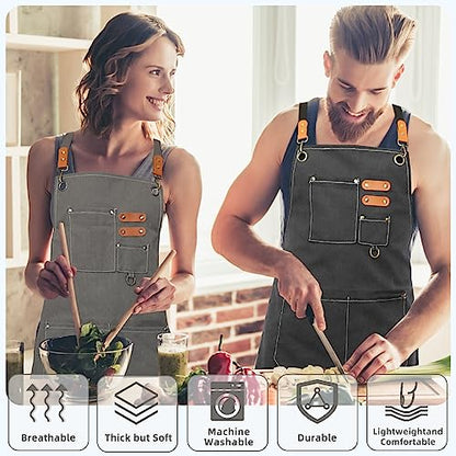 Bluegogo Chef Aprons for Men Women, Cotton Canvas Cross Back Adjustable Apron with Large Pockets for Kitchen Garden Salon,Size M to XXL (Grey) - WoodArtSupply