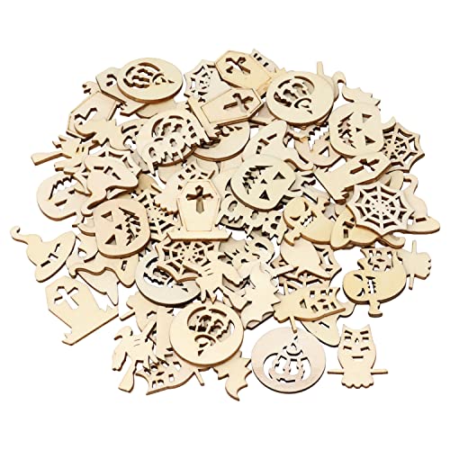 yueton 100PCS Mini Pumpkins Ghosts Spider Webs Witch Hats Bats Halloween Unfinished Blank Wood Pieces Wood Slices Wood Chips Embellishments for DIY