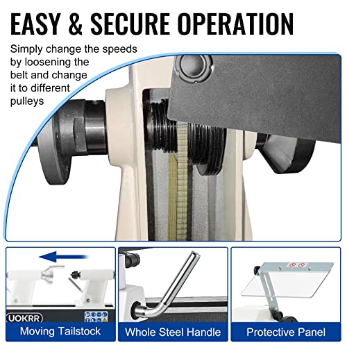 UOKRR Benchtop Wood Lathe 10" x 18" Wood Lathe Machine 5 Variable Speeds 500/750/1150/1800/3200RPM Mini Wood Turning Lathe for Woodworking 1/2HP - WoodArtSupply