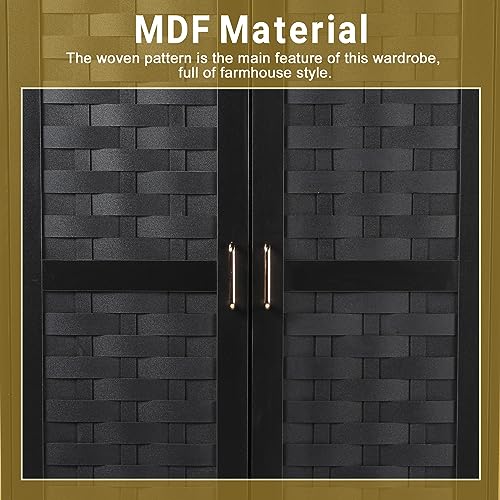 LEVNARY Armoire Wardrobe Closet with 2 Woven Doors, Wardrobe Cabinet with 2 Storage Drawers and Hanging Rail, Freestanding Wooden Closet for Bedroom LEVNARY